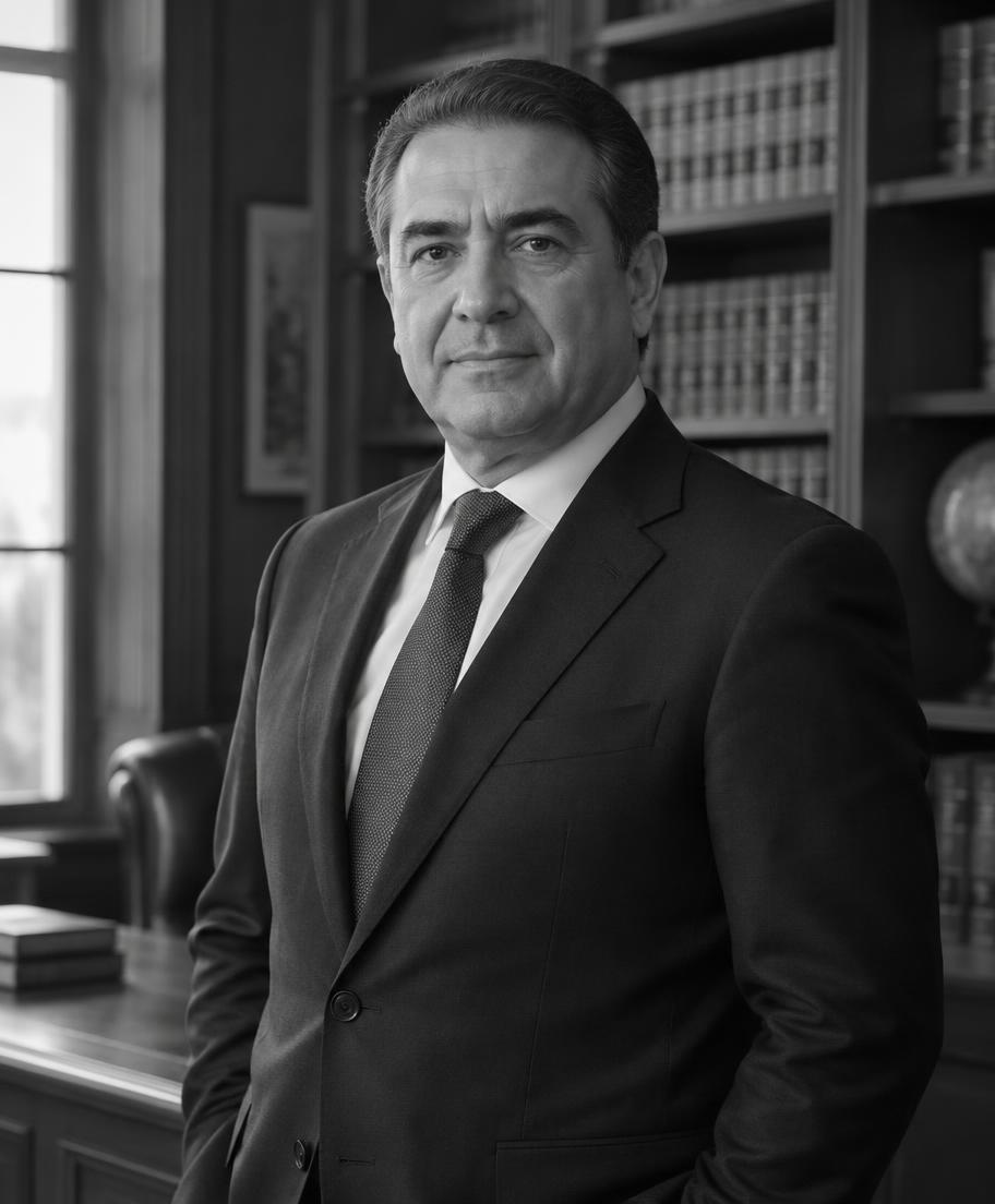 Retrato editorial ilustrativo de Lic. Leopoldo Gutiérrez